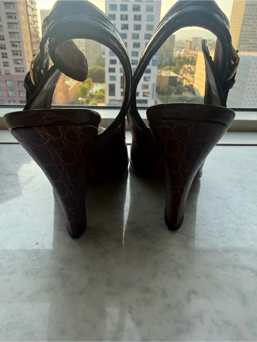 Louis Vuitton Burgundy Leather Slingback Heels with Gold Buckle